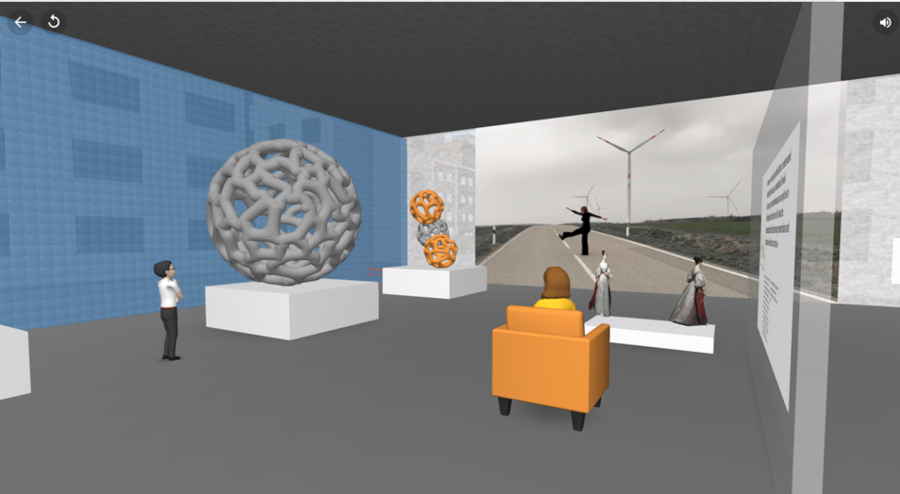 Das Bild zeigt einen Screenshot aus dem virtuellen Ausstellungsraum, der zu Ada Lovelace im Rahmen der Ausstellung Metamorphose 2024 an der Pädagogischen Hochschule Schwäbisch Gmünd gezeigt wurde.